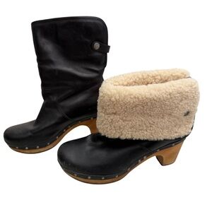 UGG Black Leather Clogs with Cream Shearling